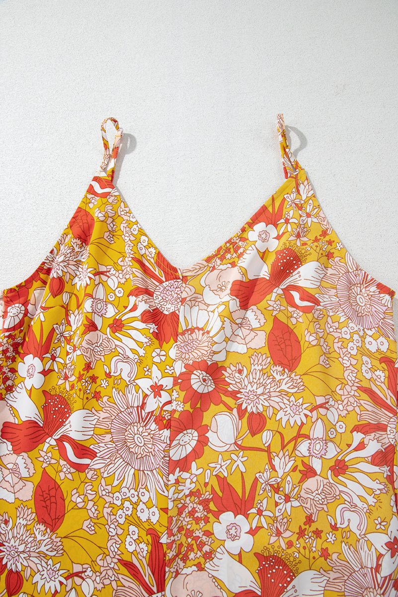 Orange Floral V Neck Wide Leg Sleeveless Jumpsuit - Love Salve